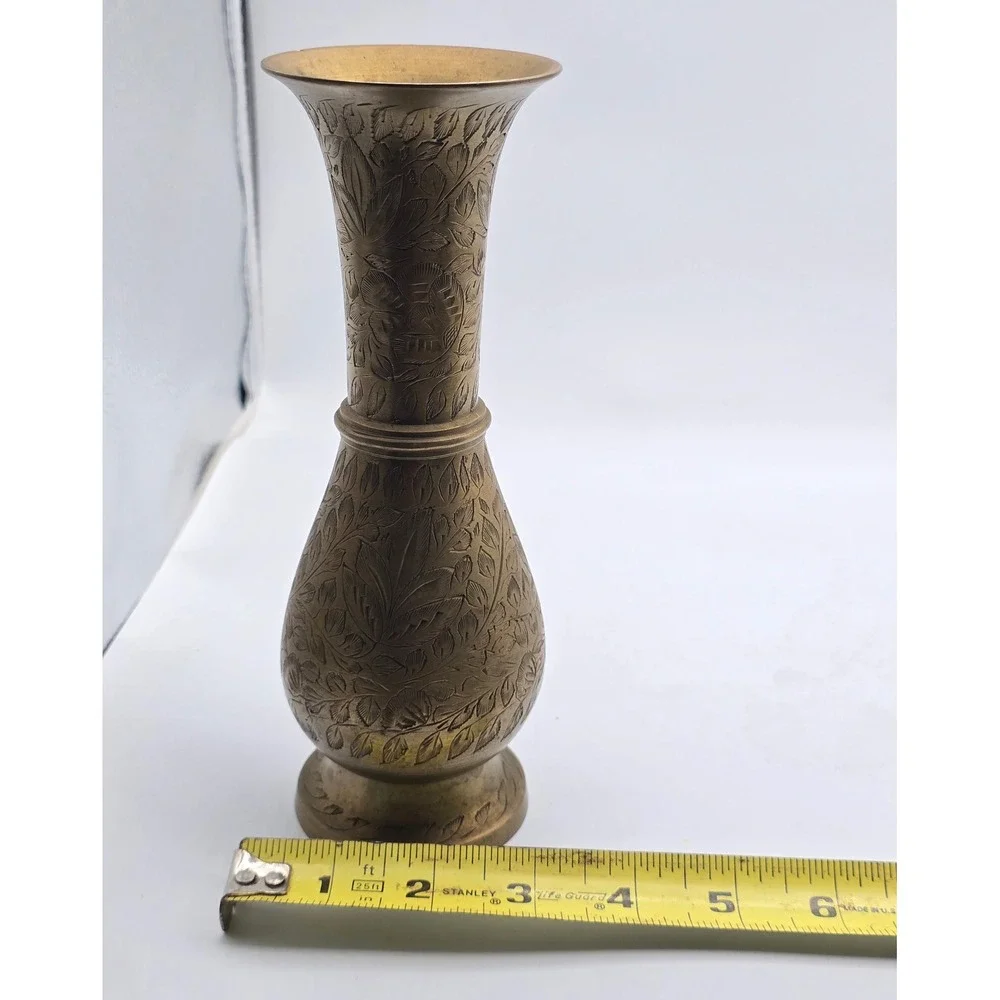 Vintage Etched Brass Vase Floral Hand Engraved Made in India 8.5 Inch Boho Decor